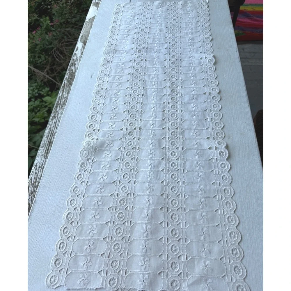 Vintage White Eyelet Lace Table Runner Embroidered Floral Cutout Rectangular
